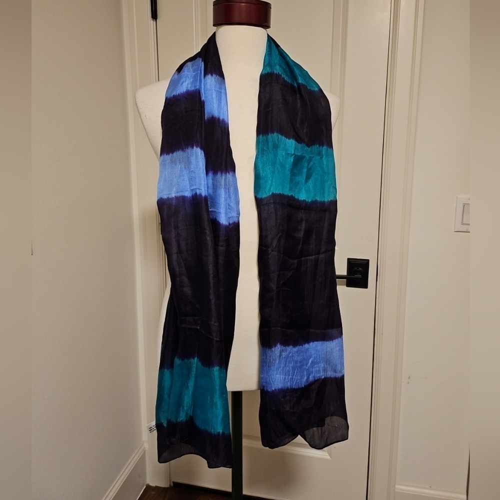 La Fiorentina Large 70x38 Navy Blue Aqua Tie Dyed Silk Neck Scarf Made In India